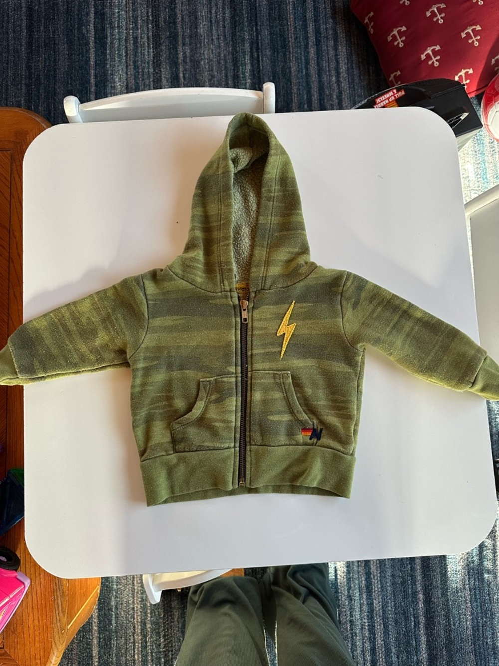 Aviator Nation Camo Green Kids Zip Hoodie with Yellow Lightning Bolt